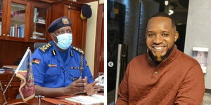 Undated image of Inspector General of Police Hillary  Mutyambai in his office (left) paired with an image of Activist Boniface Mwangi