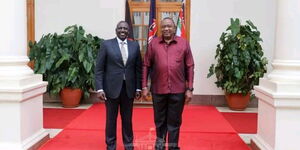 President-elect Wiliam Ruto (left) together with the Outgoing president Uhuru Kenyatta at State House on September 13, 2022