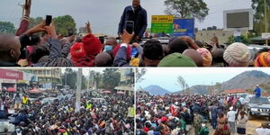 A collage of political rallies. President Uhuru Kenyatta (Top), Deputy President William Ruto (Bottom Left) and Raila Odinga.