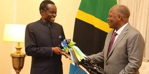 Tanzania President John Magufuli (Right) meets Pan-Africanist PLO Lumumba in Dar es Salaam on Monday, February 24, 2020.