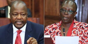 A collage photo of Health Cabinet Secretary Mutahi Kagwe and Trade Cabinet secretary Betty Maina