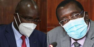 Suspended KEMSA officials Eluid Muriithi (left) and Charles Juma (right) appearing before a parliamentary committee on December 1, 2020.