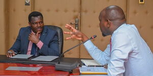 CS for Roads and Transport Kipchumba Murkomen and Tharaka Nithi Governor Muthomi Njuki at a meeting to discuss infrastructure projects in Embu at a meeting held at CS Murkomen's office in Nairobi on March 13, 2023.