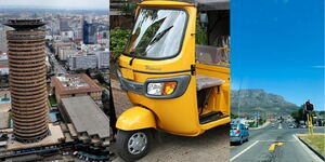 Images of Nairobi (left), a tuk tuk (centre) and Cape Town (right)