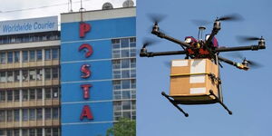 A collage of Posta Headquarters in Nairobi (left) and a drone carrying a parcel (right)