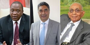 Left to right: President Uhuru Kenyatta, textile manufacturer Jaswinder Singh Bedi and Bidco founder Bhimji Depar Shah.