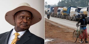 Uganda President Yoweri Museveni (left) and trucks stuck at Busia border
