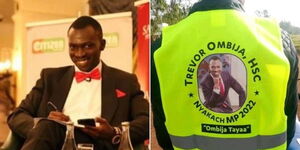 Citizen TV anchor Trevor Ombija (right) and a poster announcing his candidature for Nyakach MP
