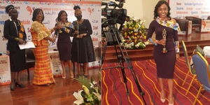 Citizen TV news anchor Mashirima Kapombe receiving the 2021 African Journalists Gender Equality Award on October 13