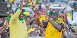 An image of President William Ruto and Deputy President Rigathi Gachagua in Murang'a during a past campaign rally.