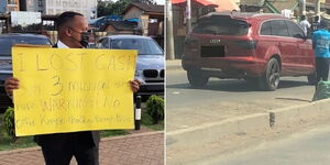 Political activist Benji Ndolo (left) protests along Ngong Road and the car the was repossessed by his car dealer.