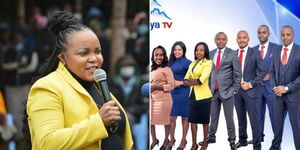 A side by side photo of Kirinyaga Woman Representative Purity Ngirici and former employees of shutdown Mt Kenya TV.