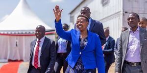 The First Lady Rachel Ruto waves at attendees as she inaugurated the Digital Skills Literacy Program in Nairobi, in partnership with Computers for Schools Kenya when marking the 2023 International Women's Day theme of "DigitALL: Innovation and technology for gender equality,"  