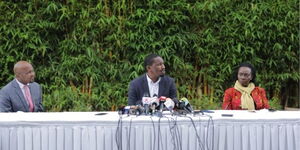 Gatundu South MP Moses Kuria, Narc Kenya leaders Martha Karua and TSP leader Mwangi Kiunjuri during a presser at Serena Hotel on August 12, 2021