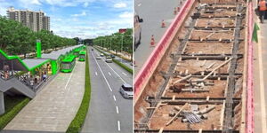 An artistic representation of complete BRT pick up point on Thika Superhighway (left) and a BRT pick up point under construction on the same highway.