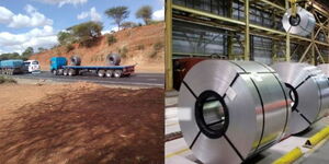 A collage of a truck carrying two steel rolls and a warehouse with steel rolls.