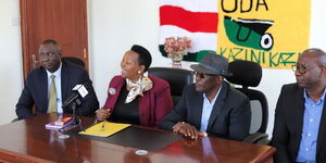 UDA arty Chairman Johnson Muthama and SG Veronica Maina, Karisa Nzai, Organizing Secretary and Vice Chairman Nicholas Marete during an interview with Chinese media at Hustler Plaza, Nairobi on October 24, 2022. 