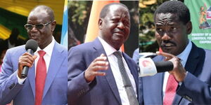 Meru Governor Kiraitu Murungi (left), Former Prime Minister Raila Odinga (centre), Agriculture Cabinet Secretary Peter Munya (right)