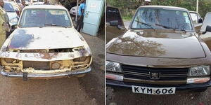 The before and after photo of the restored Peugeot 504 from 1986.