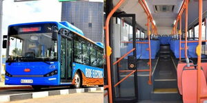 A collage of the BRT bus and the inside appearance view of it.