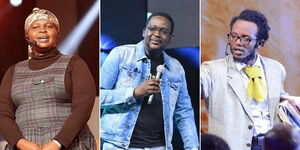 Churchill Show comedian Jemutai Chibambe (left), its founder Daniel 'Churchill' Ndambuki (center) and Hot 96 presenter Professor Hamo.