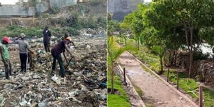 Youth working to clear dumpsite at Korogocho slums (Left) and the recreational park created after the rehabilitation of the section of the river (right).
