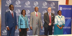 ICT Cabinet Secretary Eliud Owalo (centre) and ICANN President Göran Marby during the launch of Managed Root Server project in Nairobi on November 15, 2022. 