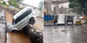 A car inside a ditch along Uhuru Highway at Nyayo Roundabout