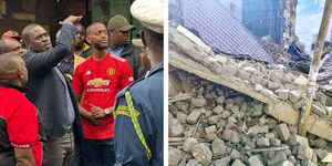 A collage of Nairobi Governor interacting with Nairobi residents and a photo of the collapsed building in Kasarani. 