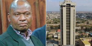 Ugandan billionaire James Mugoya Isabirye (left) and Times Tower building in Nairobi CBD.