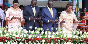 From Left: First lady Racheal Ruto, President William Ruto, Deputy President Rigathi Gachagua and Second Lady Dorcas Gachagua Kneeling down for prayers at Kasarani on Tuesday, September 13, 2022