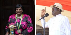 Former First Lady Mama Ngina Kenyatta today received her 2019 Macky Sall Prize at State House on February 7, 2021, and ODM Leader Raila Odinga during Mashujaa Day celebrations on October 20, 2020.