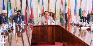 Council of Governors Chairperson Anne Waiguru (center) leads governors in a meeting with Bill Gates Foundation Co-Chairperson Bill Gates on November 16, 2022.  