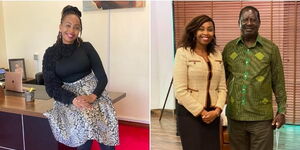 Jubilee Operative Pauline Njoroge in an office (left) and her posing with former Prime Minister Raila Odinga.