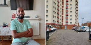 Mohammed Sharif Abdi in his apartment in Bristol (left) and entrance into the problematic Bristol flats.
