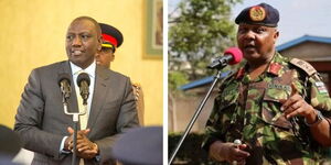 A collage of photo of President William Ruto and LT. Gen. (Rtd.) Joseph Kiptoo Kasoan. 