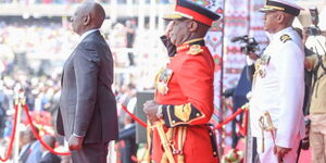 President William Ruto standing in respect to the National Anthem at Kasarani Stadium on September 13, 2022