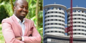 Swala Nyeti media founder Mac Otani (left) and Nation Media Group Hq in Nairobi CBD.