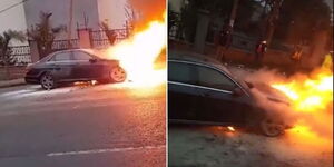 Photos of a Mercedes Benz up in flames along Valley Road in Nairobi