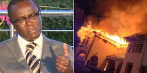 Political Analyst Mutahi Ngunyi (left) and his house while on fire.