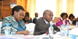 Former Independent Electoral and Boundaries Commission (IEBC) Irene Masit (Left) and Nairobi City Lawyer Donald Kipkorir (Right) before Muchelule Tribuna on Tuesday, January 24, 2023. 
