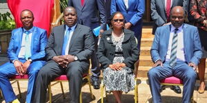 From Left: Interior PS Karanja Kibicho, Interior Cabinet Secretary Fred Matiang'i, Chief Justice Martha Koome, and IEBC chairperson Wafula Chebukati posing for a photo after the multiagency meeting on October 25, 2021.