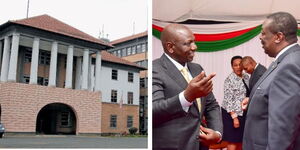 A collage of the Kenya Railways Headquarters in Nairobi and President William Ruto and the Prime Cabinet Secretary Nominee Musalia Mudavadi. 