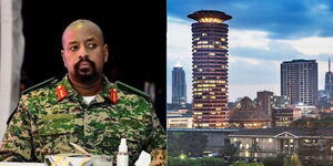 A collage of  Uganda's army Commander Muhoozi Kainerugaba and the image of the Nairobi skyline.