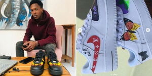 Shoe designer Kennedy Wakahiu (left) and some of his designs