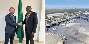 A collage of the AU CDC Acting Director Dr Ahmed Ogwell meeting with Skoll Foundation Principal Ben Pyne and the Frankfurt Airport in Germany.