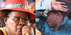 Kandara MP Alice Wahome (left) and Phylis Ngirita sobbing outside Milimani Courts on Monday, February 24, 2020.