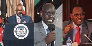 Housing and Urban Planning Principal Secretary Charlse Hinga (left), Former Principal Secretary in the Ministry Education Dr Belio Kipsang and Nominated PS in the Department of Treasury Chris Kiptoo. 