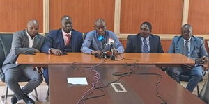 Lang’ata MP Phelix Odiwuor alias Jalang’o, Kisumu Senator Prof. Tom Ojienda, Suba South MP Caroli Omondi, Gem MP Elisha Odhiambo, and Rongo MP Paul Abuor in a press conference denouncing the planned March 20 protests on March 17, 2023.