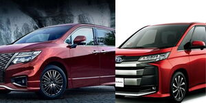 A collage of Nissan Elgrand and Toyota Noah minivans. 